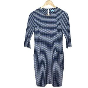 J McLaughlin Catalina Cloth Sheath Dress Blue Chain Link Womens Small 3/4 Sleeve
